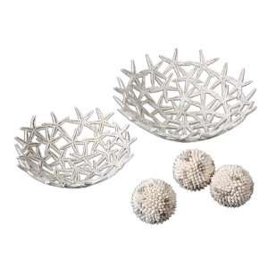   Spheres, S/5 Antique White Bowls With Three Seashell Spheres Home