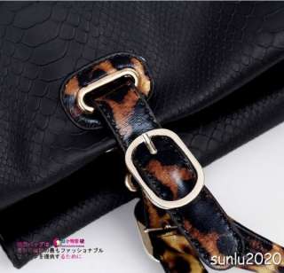   Leopard Grain Black Beige PU Leather Shoulder Handbag Tote A4 Big 0085