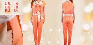 Women Sleeveless Slant Pocket Jumpsuit Beige Orange S  