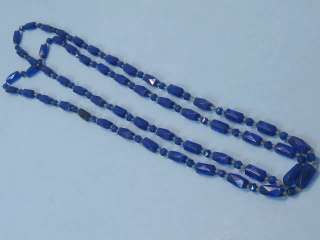 vtg 30s Deco Czech Glass Cobalt Blue Flapper Necklace  