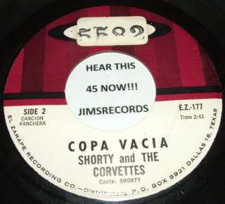 SHORTY & THE CORVETTES LA DEL MONO COLORADO & COPA VACIA 45 HEAR IT 