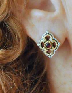 New KONSTANTINO SS 18K Gold Red Garnet Floral Post Earrings  