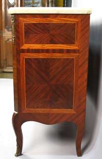 NICE DIMINUTIVE BEVELED MARBLE TOPPED LOUIS XVI STYLE MARQUETRY CHEST 