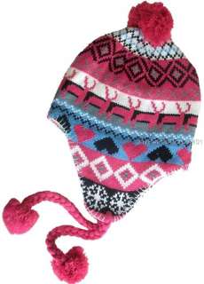 Womens Girls Knit Winter Snow Ski Hat Ear flaps Pom Lined Beanie Peru 