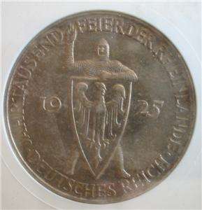   Reichsmark 1925 Silver ANACS AU55 1000th Years of the Rhineland  