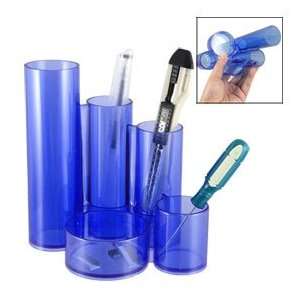  Blue Plastic 5 Cylinder Compartment Home Office Pencil Pen 