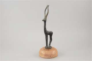 Minimalist Brass Sculpture Figurine of Ibex Goat on Wood Pedestal 