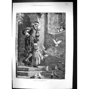  1882 Man Smoking Pipe Little Girl Feeding Birds House Step 