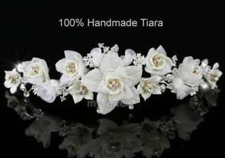 Wedding Bridal Ivory Flower Satin Handmade Tiara T1336  