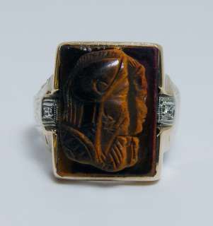 Antique Victorian Tigers Eye Carved Warrior Ring 14K Gold Estate 