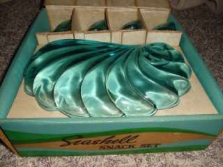 60s retro Seashell Swirl Aqua Snack Set NEW Hazel Atlas 8 pc Mid 
