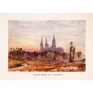  1907 Color Print Bayeux Cathedral Notre Dame Meadow 