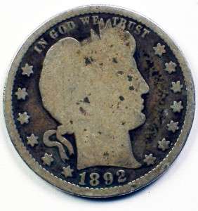 1892 Barber Quarter Silver Coin  