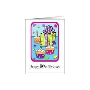  80 Years Old Lit Candle Cupcake & Gift Birthday Card Card 