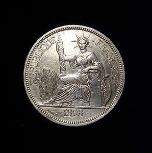 French Indo China 1898 A Piastre Coin .900 Silver UNC Liberty  