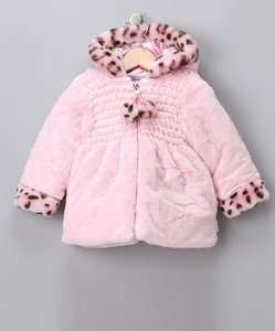   Bon Bebe Baby Girls Pink Faux Fur Hooded Jacket Coat Cheetah 18 Months