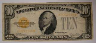 1928 $10 Ten Dollar Bill Gold Certificate Yellow Seal  