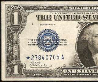 1928 A $1 DOLLAR BILL BLUE STAR SILVER CERTIFICATE FUNNYBACK NOTE Fr 