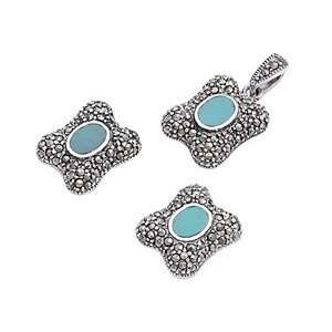  Sterling Silver Marcasite Pendant and Earrings Set   Oval 