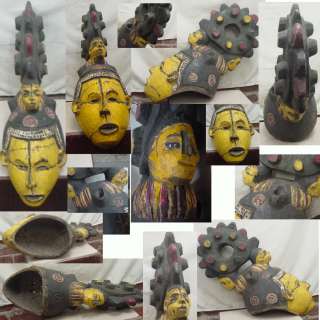 OLD AFRICAN ART IBO YELLOW HELMET MASK  5LBS NIGERIA  