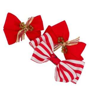   Hair Barrettes Velvet and Candy Cane Striped Ribbon for Girls   Red