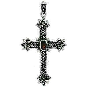   Marcasite Cross with Natural Garnet Stone 1 3/4 (45mm) Jewelry