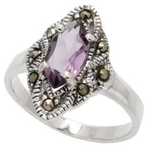 Sterling Silver Marcasite Ring, w/ Marquise Cut Natural Amethyst Stone 