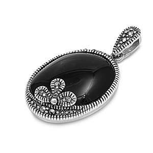   Sterling Silver & Black Onyx Noble Design Marcasite Pendant Jewelry