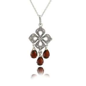   Silver Marcasite Garnet Color Glass Flower Pendant, 18 Jewelry