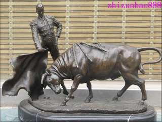 Spain ART Bronze & Marble matador OX Red cloth Spanish Fighting Bull 