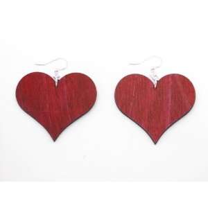  Cherry Red Large Heart Wooden Earrings GTJ Jewelry