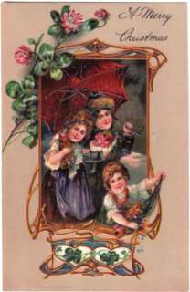 1900 PFB Girls Doll Flowers Embossed Christmas Postcard  