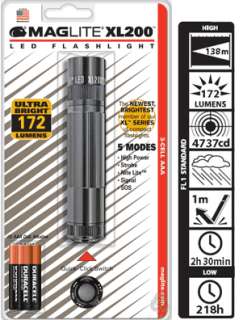 Maglite XL 200 LED High Power 172 Lumens Flashlight 5 Modes  GRAY 