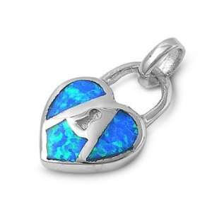  Sterling Silver & Blue Opal Heart Padlock Pendant Jewelry