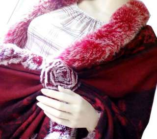 4ply Pashmina Wool Shawl Rabbit fur Wrap Scarf Red  