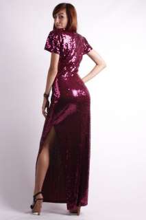 Vtg 80s Magenta Sequin Bandage Evening Gown Party Dress  