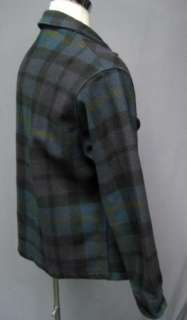 Vintage Pendleton Black, Teal Plaid Wool Mens Button Front Coat Jacket 
