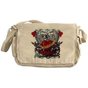  Khaki Messenger Bag Love Hurts with Sword Heart Thorns and 