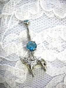 3D FULL BODY WOLF CHARM   BABY BLUE CZ NAVEL BELLY RING  