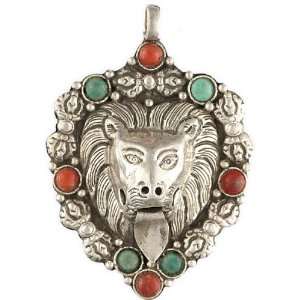  Lion Pendant with Coral and Turquoise   Sterling Silver 
