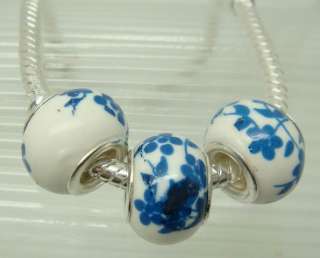 flower printed ceramic charm Beads with silver plated core Fit 