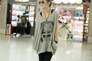   Fashion Glasses Woman Printed Plus Size Bat wing T shirt Grey i2700534
