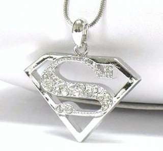 Superman Emblem Crystal Necklace White Gold Plate  