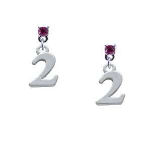  Silver Number   2 Hot Pink Swarovski Post Charm Earrings 