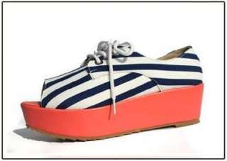 Women Vintage Stripe Sandals Shoes Platform Heels Wedge Flats Peep Toe 