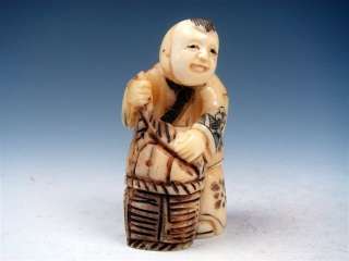 Ox Bone Carved Netsuke Sculpture Boy Hold Bamboo Basket  
