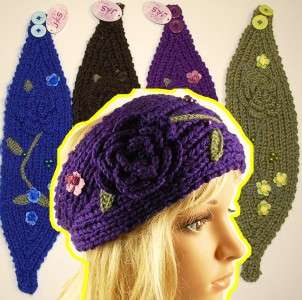 Crochet Headband Hair Band Knitted Flower Leave Beaded  