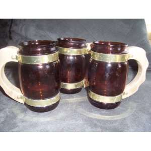  Vintage Siesta Ware Amber Glass Mugs with Wooden Handles 