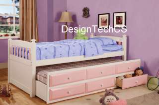 Twin Captains 8 PC Set Bed Dresser Mirror Trundle Desk Hutch Pink 