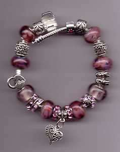   charm bracelet 8 purple Murano beads couple and heart charms  